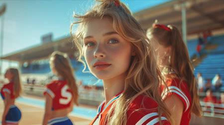 Caucasian female cheerleading team looking at camera with confidence.の素材