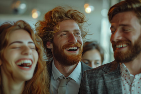 Caucasian business man and woman are laughing and talking together in the office.の素材