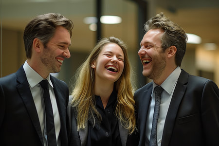 Caucasian business man and woman are laughing and talking together in the office.の素材