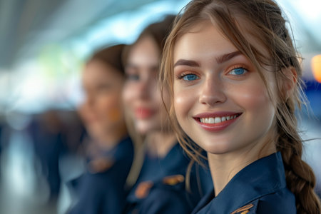 Group of Caucasian female stewardesses in uniform dragging suitcases in the airport.の素材