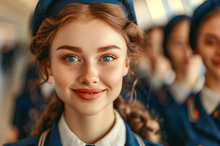 Group of Caucasian female stewardesses in uniform dragging suitcases in the airport.の素材