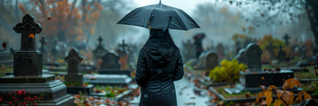 Selective focus of Back view of woman wearing black dress holding umbrella on rainy day at Christian cemetery.の素材