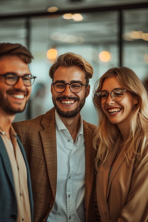 Caucasian business man and woman are laughing and talking together in the office.の素材