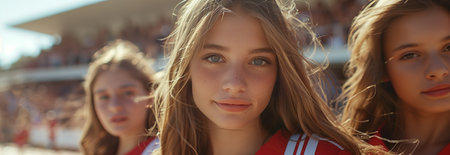 Caucasian female cheerleading team looking at camera with confidence.の素材