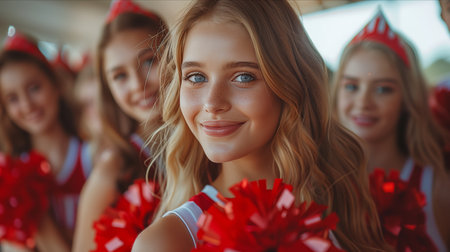 Caucasian female cheerleading team looking at camera with confidence.の素材