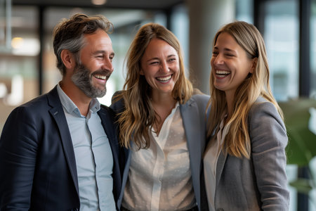 Caucasian business man and woman are laughing and talking together in the office.の素材