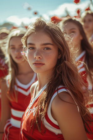 Caucasian female cheerleading team looking at camera with confidence.の素材