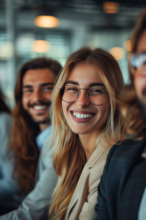 Caucasian business man and woman are laughing and talking together in the office.の素材