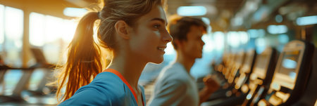 Caucasian man and woman in exercise clothes running on treadmills in gym.の素材