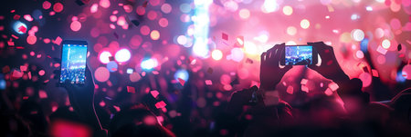 Selective focus of Silhouettes of people holding phones to take pictures at a concert, lights from a performance stage.の素材