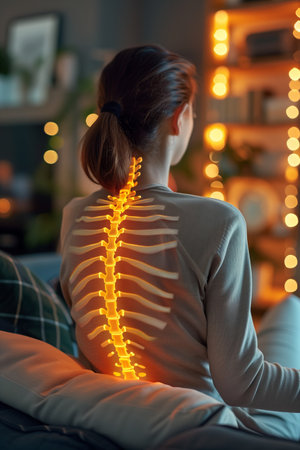 Selective focus of A woman with back pain is sitting on the sofa in the living room.の素材