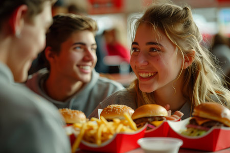 Group of Caucasians eating fast food in a restaurant.の素材