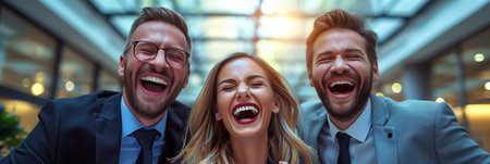 Caucasian business man and woman are laughing and talking together in the office.の素材