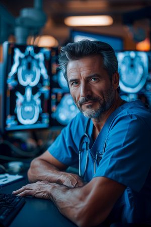 Middle-aged doctor checking brain x-ray results on a monitor at hospital.の素材