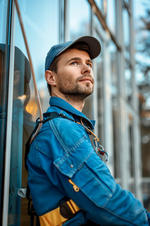Caucasian male employee cleaning windows outside building.の素材