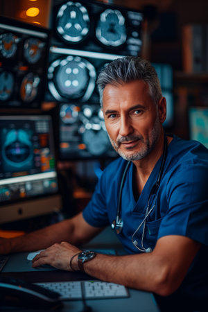 Middle-aged doctor checking brain x-ray results on a monitor at hospital.の素材