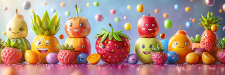 Selective focus of 3D cartoon style, cute and happy fruit characters.の素材