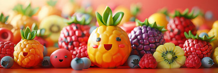 Selective focus of 3D cartoon style, cute and happy fruit characters.の素材