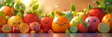 Selective focus of 3D cartoon style, cute and happy fruit characters.の素材