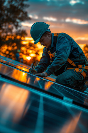 A technician is installing solar panels at a photovoltaic power station.の素材