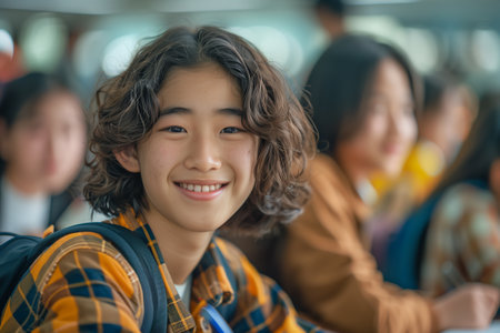 Asian male elementary school student sitting and writing in the classroom.の素材