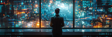 Selective focus of A businessman stands in front of a screen displaying digital media content, a holographic image that illuminates the background as a futuristic scene.の素材