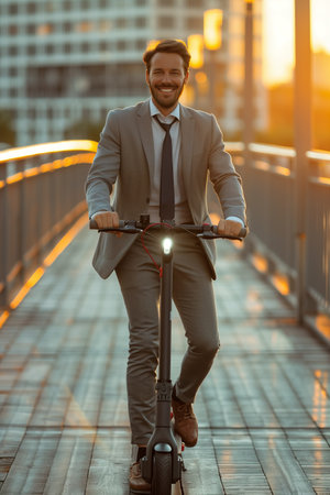 Young businessman rides an electric scooter to go to work in the city.の素材