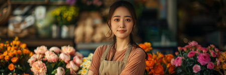 Asian woman wearing an apron confidently folds her arms over her chest in a flower shop.の素材