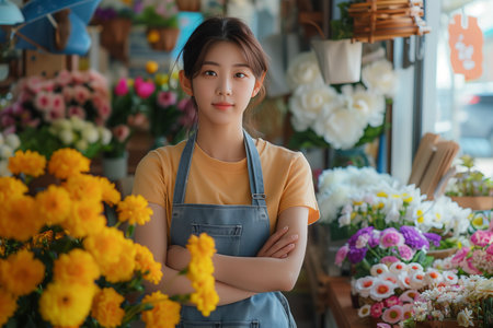 Asian woman wearing an apron confidently folds her arms over her chest in a flower shop.の素材