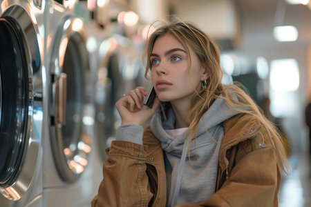 Caucasian woman using cell phone on bench in laundry shop.の素材