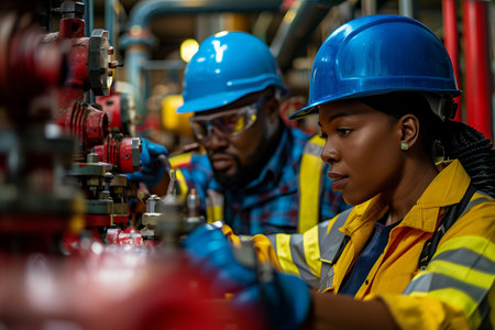 African American male and female engineers inspecting water valves together in a fire safety room.の素材
