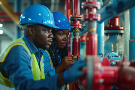 African American male and female engineers inspecting water valves together in a fire safety room.の素材