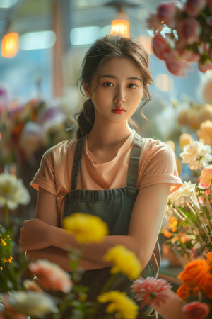 Asian woman wearing an apron confidently folds her arms over her chest in a flower shop.の素材