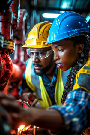 African American male and female engineers inspecting water valves together in a fire safety room.の素材