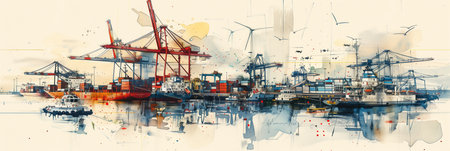 Watercolor painting of a port with cranes, ships and containers. Surrounded by flying drones.の素材