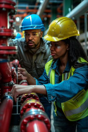African American male and female engineers inspecting water valves together in a fire safety room.の素材