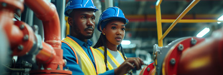 African American male and female engineers inspecting water valves together in a fire safety room.の素材