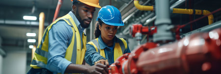 African American male and female engineers inspecting water valves together in a fire safety room.の素材