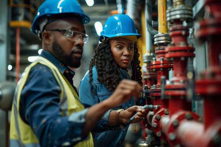 African American male and female engineers inspecting water valves together in a fire safety room.の素材
