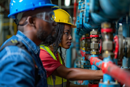 African American male and female engineers inspecting water valves together in a fire safety room.の素材
