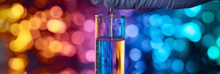 A gloved hand is holding a test tube.の素材