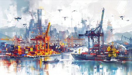Watercolor painting of a port with cranes, ships and containers. Surrounded by flying drones.の素材