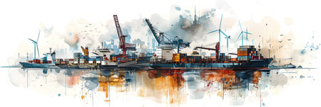 Watercolor painting of a port with cranes, ships and containers. Surrounded by flying drones.の素材