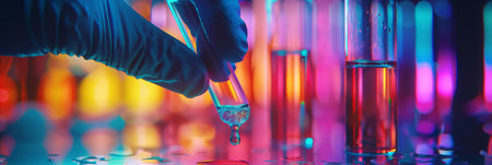 A gloved hand is holding a test tube.の素材