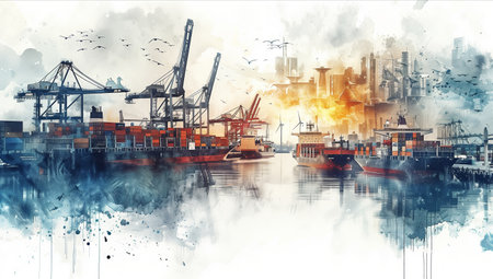 Watercolor painting of a port with cranes, ships and containers. Surrounded by flying drones.の素材