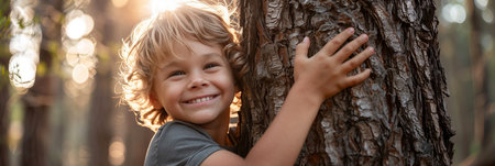 Selective focus of A Caucasian boy hugs the trunk of a big tree in the forest with a happy smile.の素材
