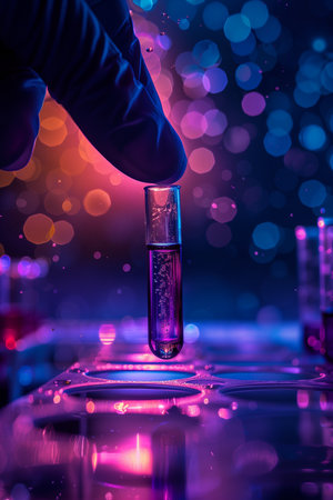 A gloved hand is holding a test tube.の素材