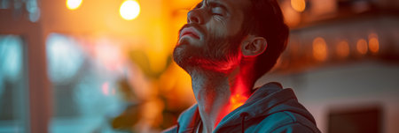 Selective focus of Caucasian man having neck pain inside home.の素材