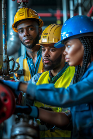 African American male and female engineers inspecting water valves together in a fire safety room.の素材