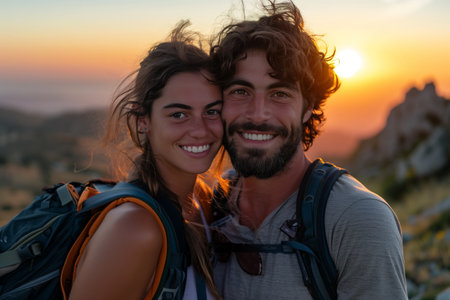 Caucasian couple hiking and wearing backpacks standing on mountain peak at sunset.の素材